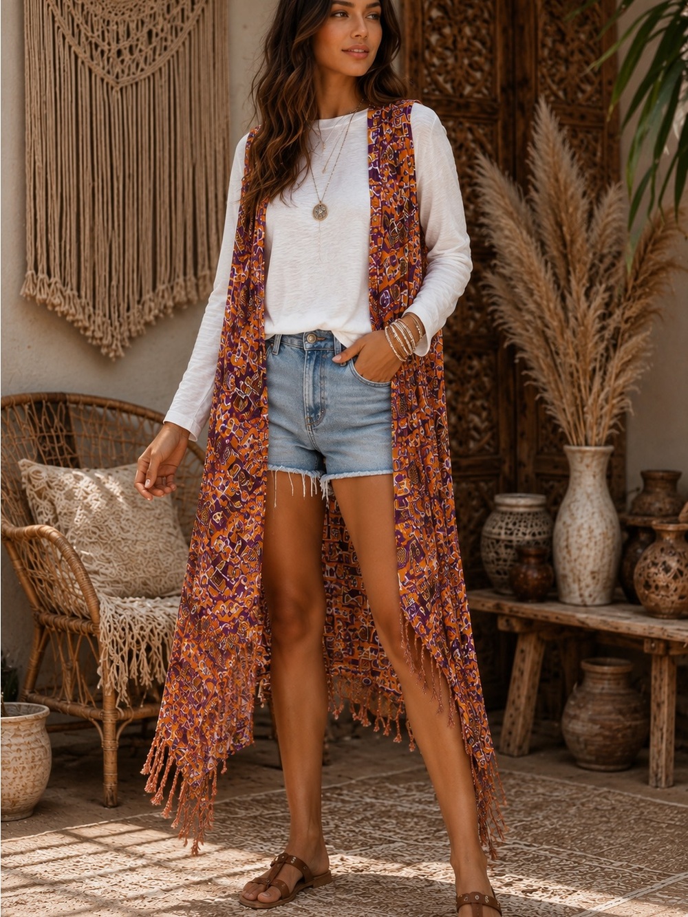 Boho Fringe Long Cover-Up Vest in Rust Purple